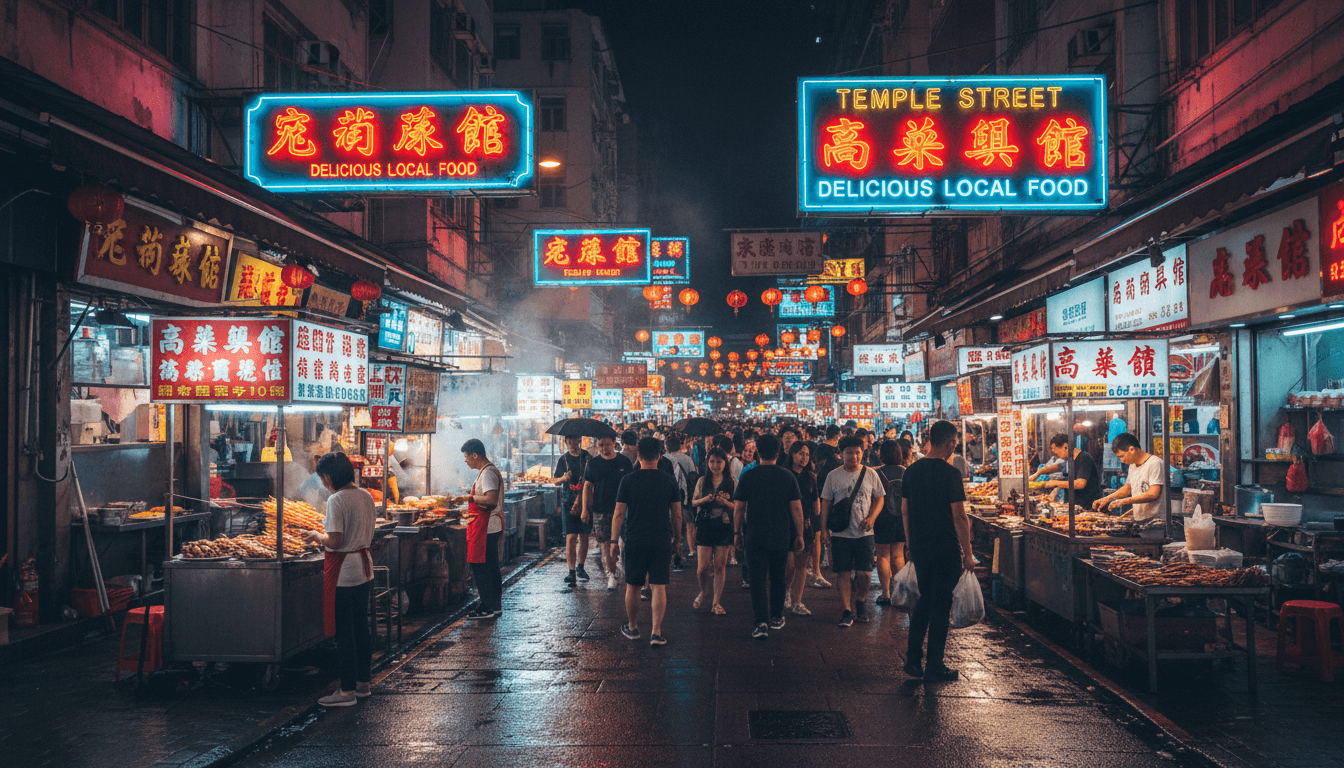 香港夜晚街市,霓虹招牌同美食攤檔,充滿活力