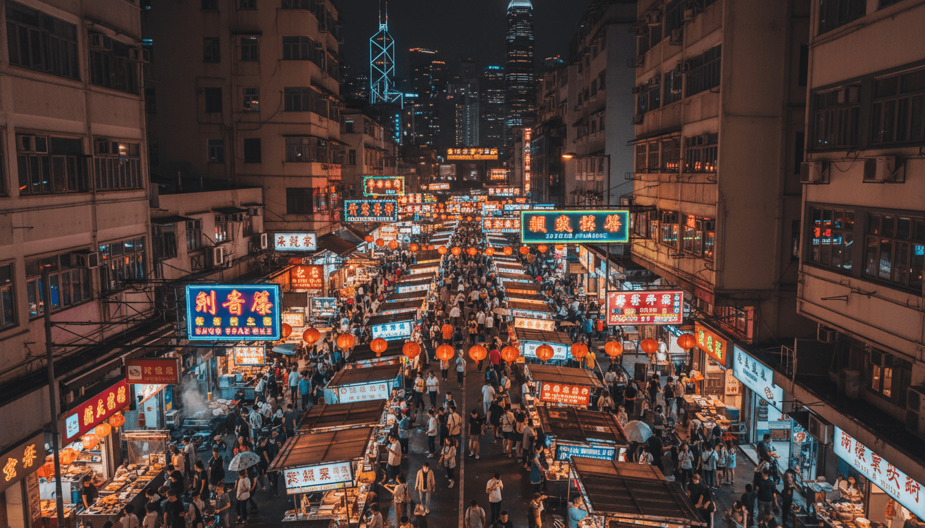 香港明星街夜景,霓虹燈牌同美食攤檔林立,充滿港式市集氣氛