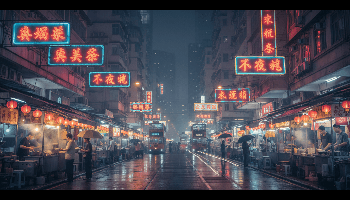 燈光亮起的香港風格街道,霓虹招牌與美食攤位交織
