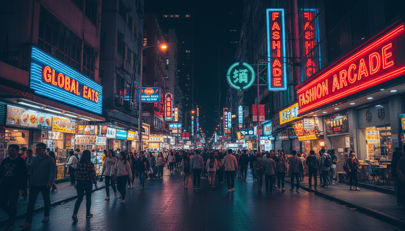 色彩繽紛的霓虹燈招牌照亮夜晚的明星街,人來人往充滿活力