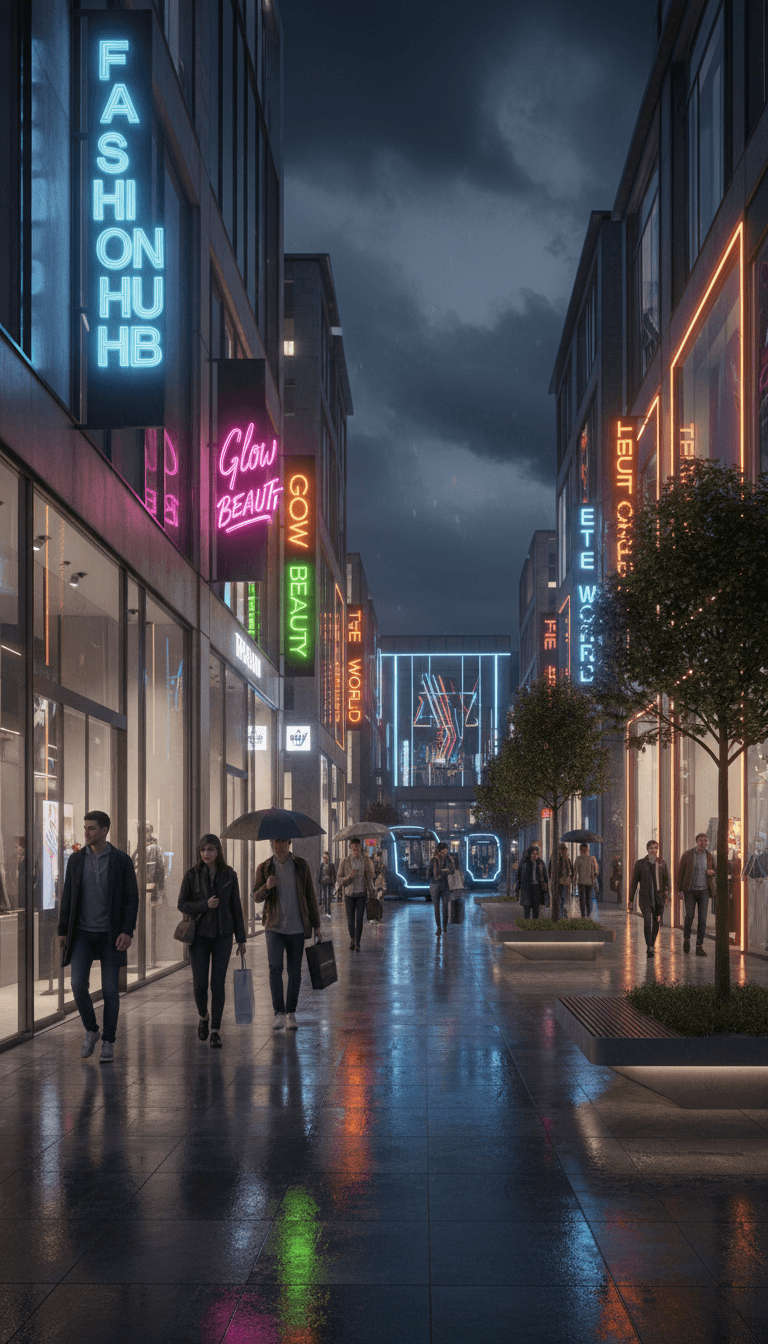香港明星街夜晚嘅現代商店街,霓虹招牌閃爍,顧客漫步其中