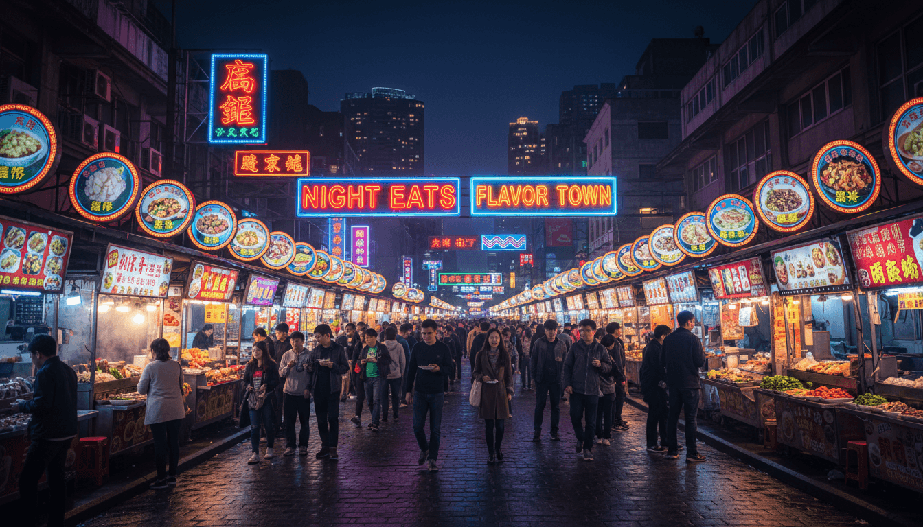 大灣區明星街夜間景象,霓虹招牌與美食攤檔林立