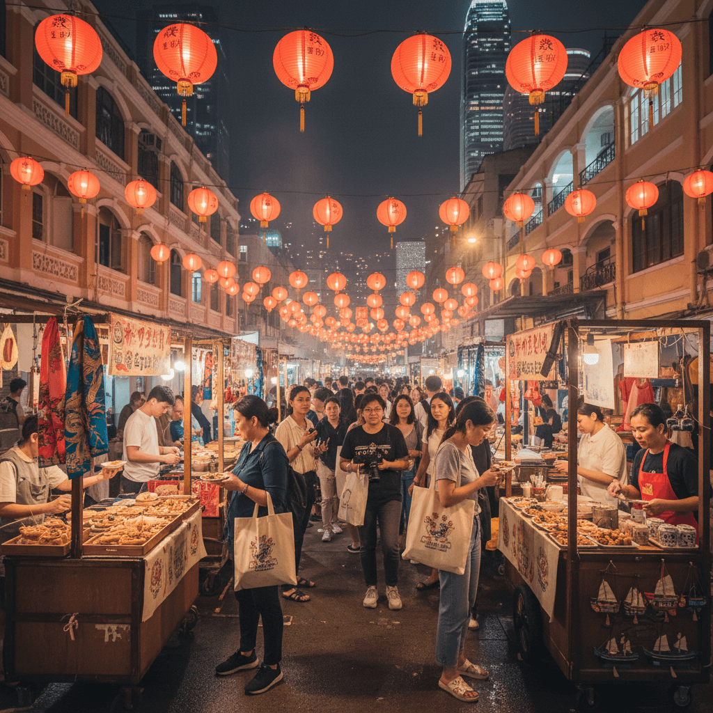 Tourists exploring a vibrant cultural street market in Hong Kong, illuminated by red lanterns.