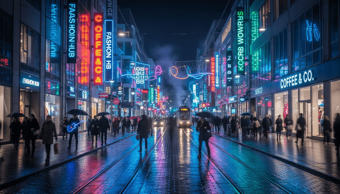色彩繽紛嘅明星街夜景,霓虹招牌閃爍,充滿活力