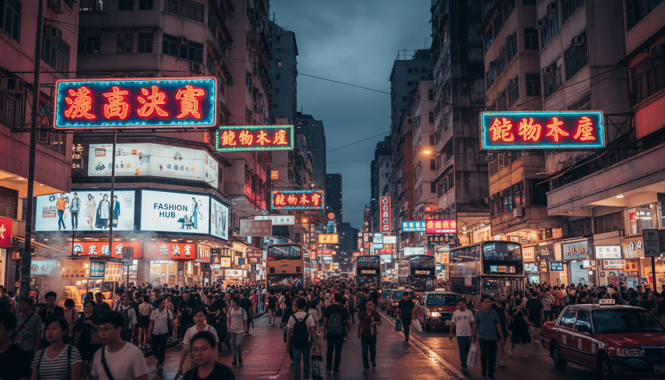 夜晚燈光璀璨嘅香港風情購物街,招牌色彩繽紛,人來人往,充滿活力