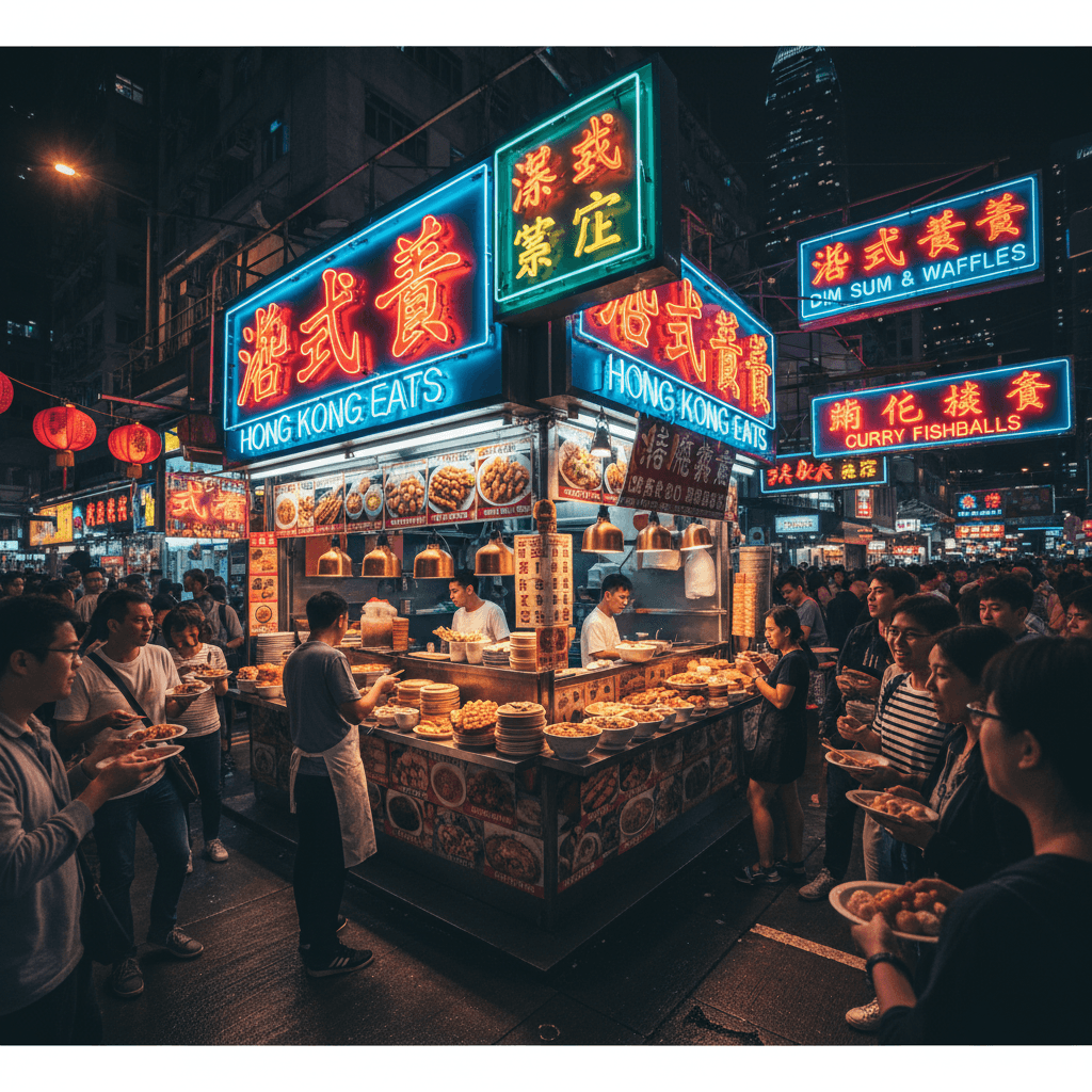 街頭小食攤檔掛滿霓虹招牌,展現香港東西方混搭飲食文化