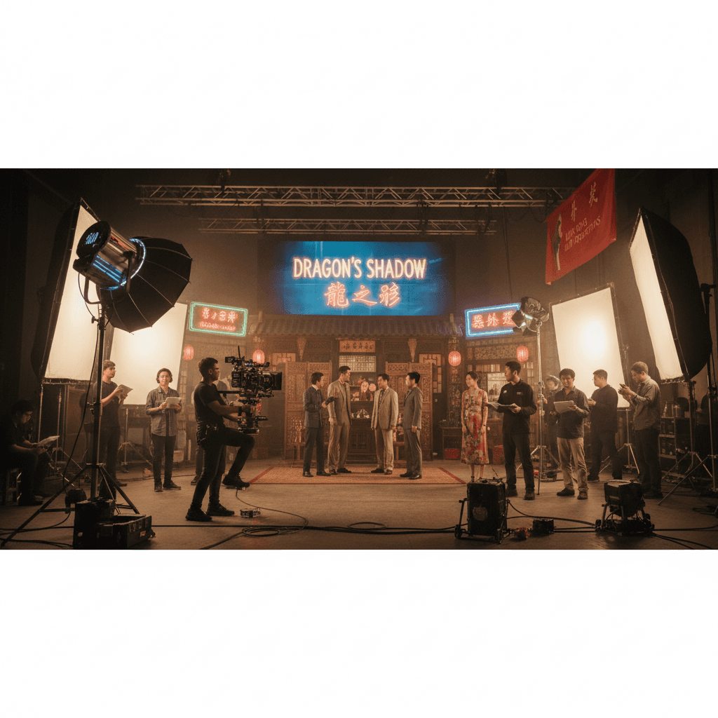 Film crew shooting a dramatic scene in a modern Hong Kong studio