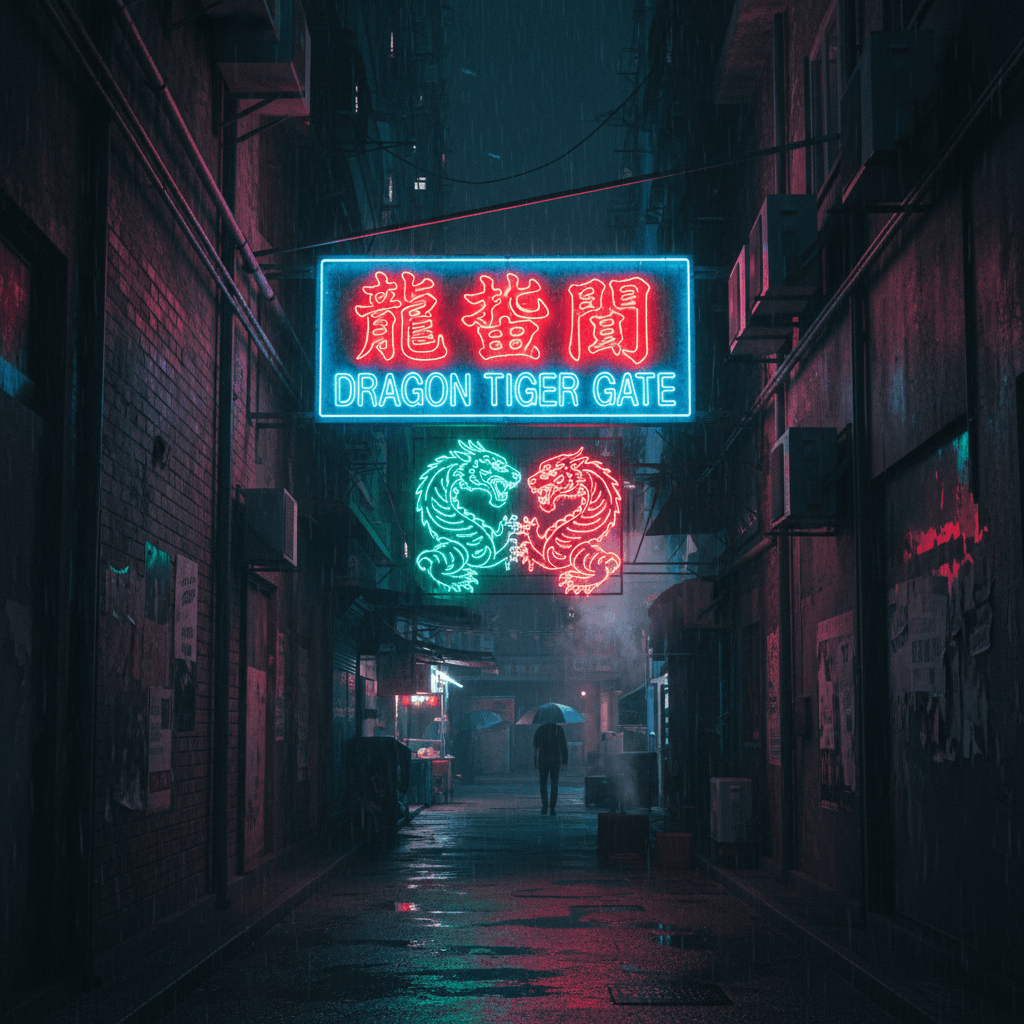 香港後巷嘅霓虹招牌,發出藍紅黃光