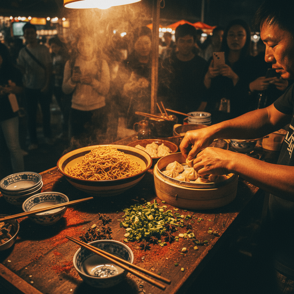 夜市氣氛熱鬧,街頭小食攤檔林立