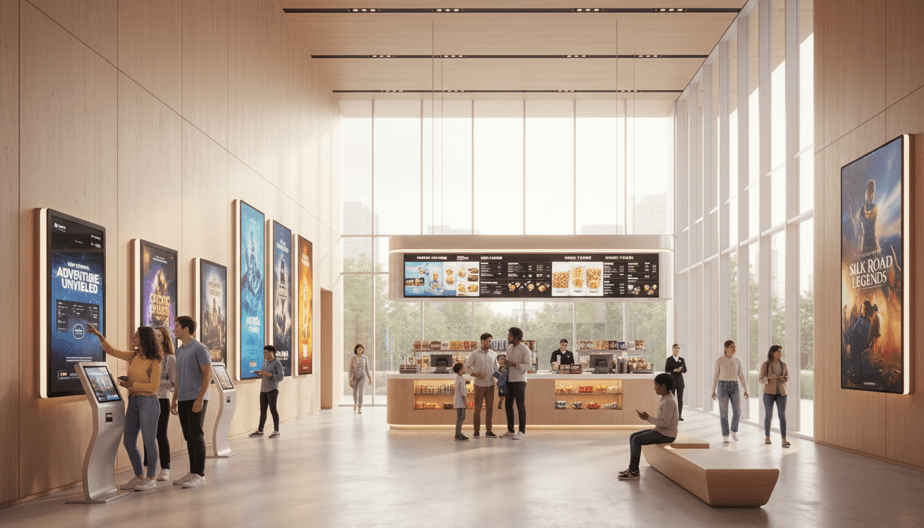 影視主題餐廳內部,電影道具佈置,溫暖燈光